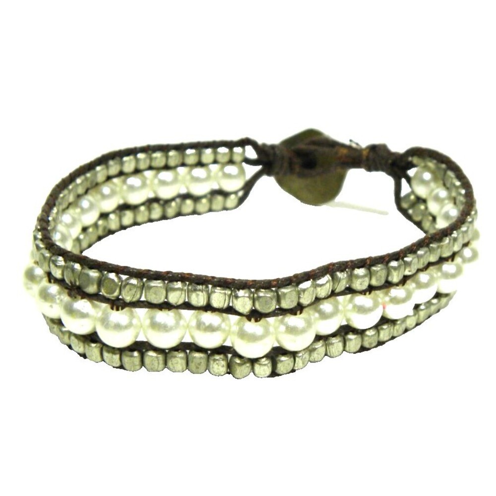 AEO Wrap Bracelet  Brown Corded Faux Pearl Silver Tone Accents American Eagle